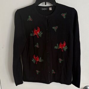 Black Embroidered Cardinal Cardigan Sweater - Women